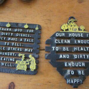 2 cottage core cast iron trivets wtih humor MCM farm decor